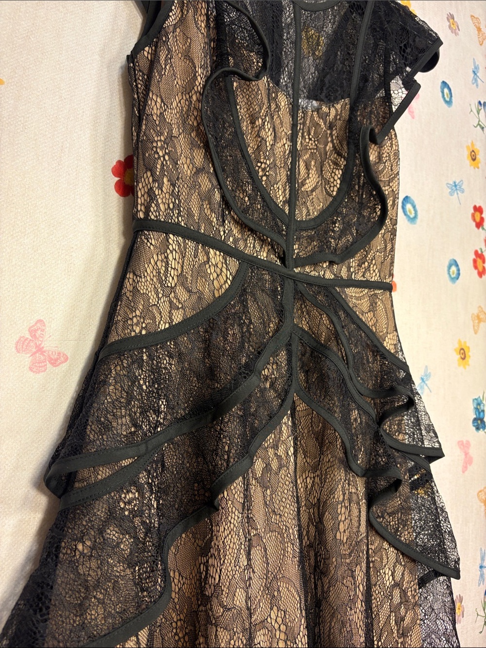 L’Atiste By Amy -Black Lace Mini Dress with Nude Lining - Feminine Ruffle Detail - Picture 3 of 10